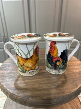Kent Pottery Porcelain Lidded Mugs Colorful Rooster & Hen Artwork Set of 2